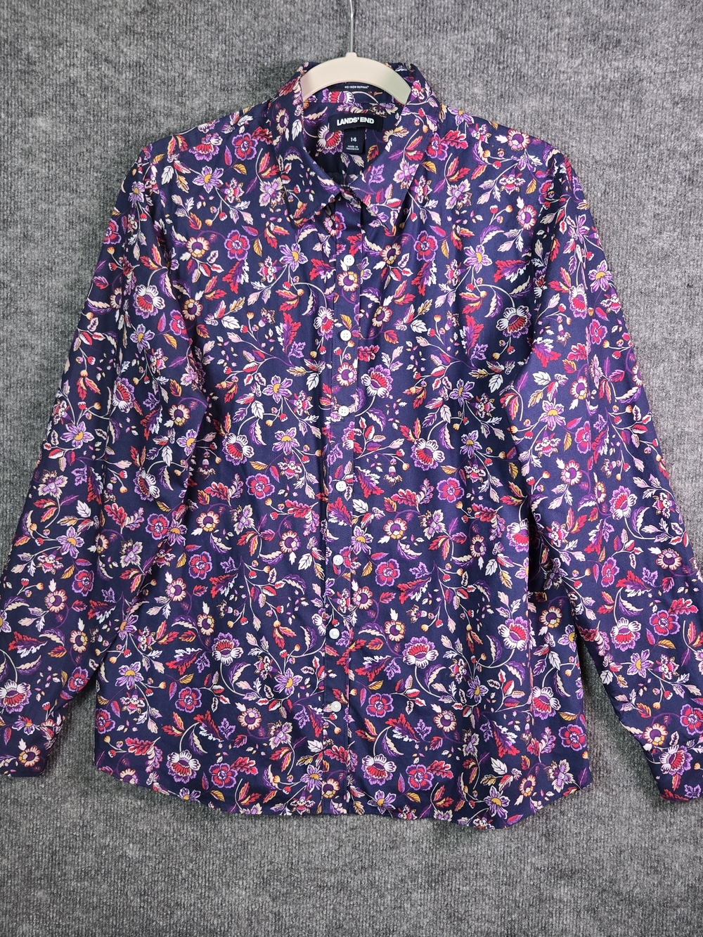 Lands End Top Womens 14 Purple Floral Cotton No Iron Button Up Colorful.